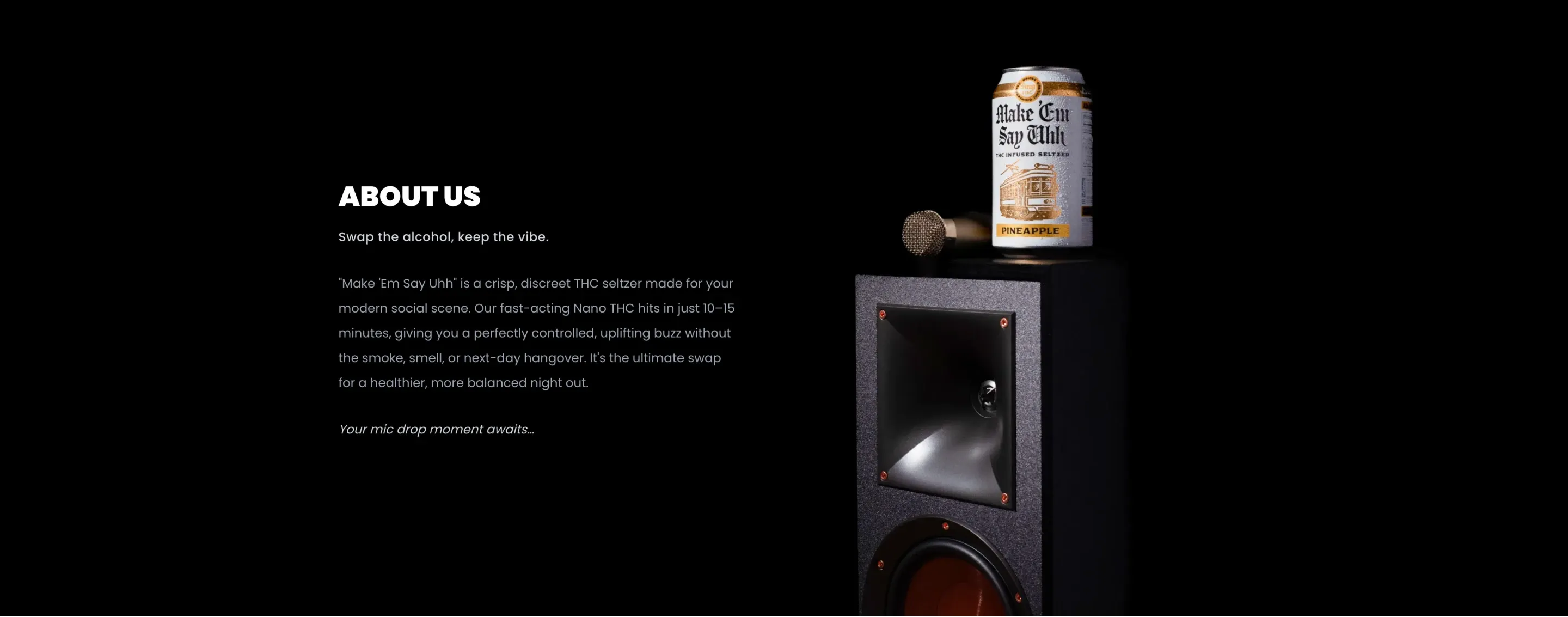 The site's dark About Us footer, built from the rejected late-night speaker-cabinet concept, anchoring the brighter colorful sections above it.
