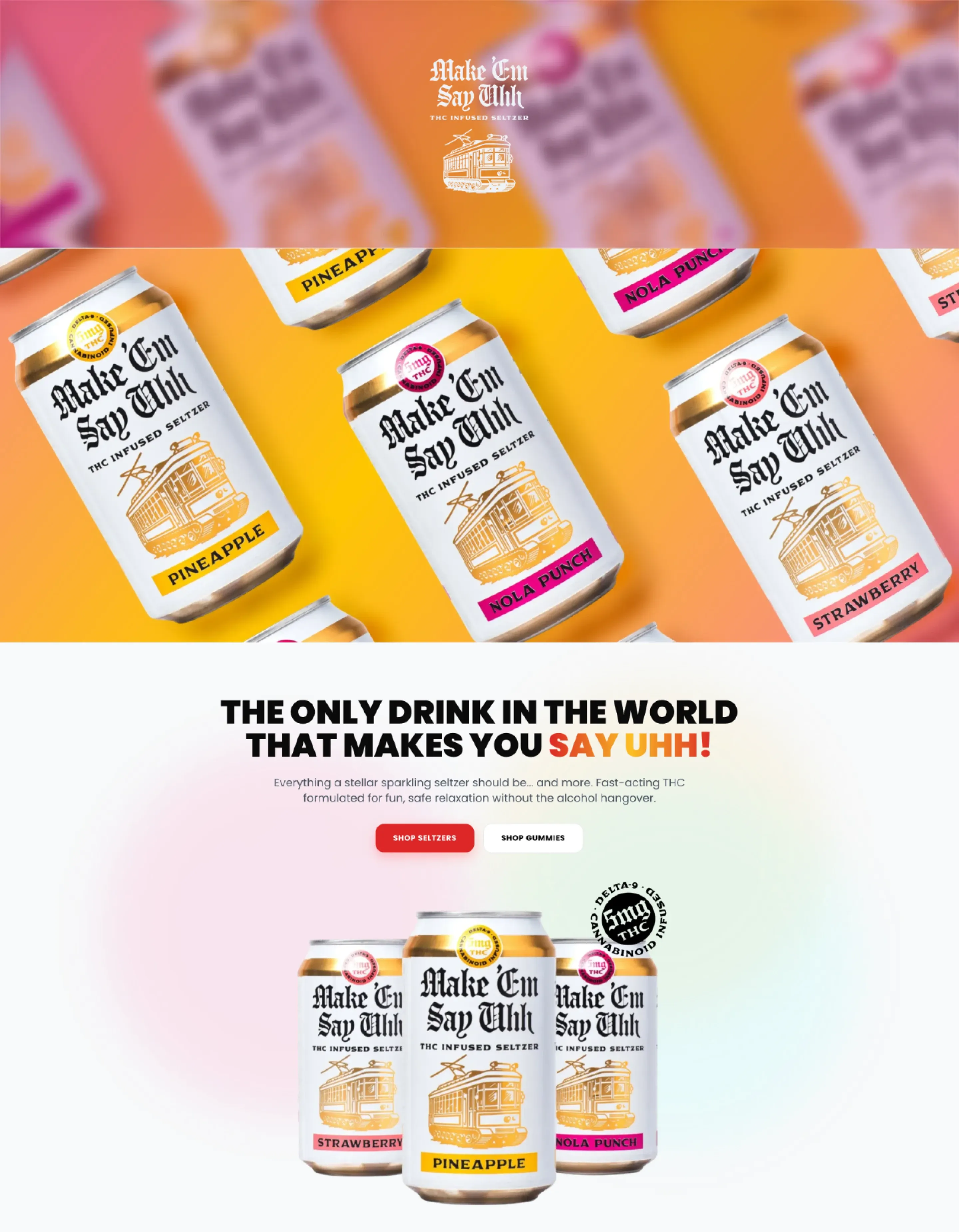 The redesigned desktop landing page, carrying the print ad's gradient, floating cans, and flavor color coding into the hero and product sections.