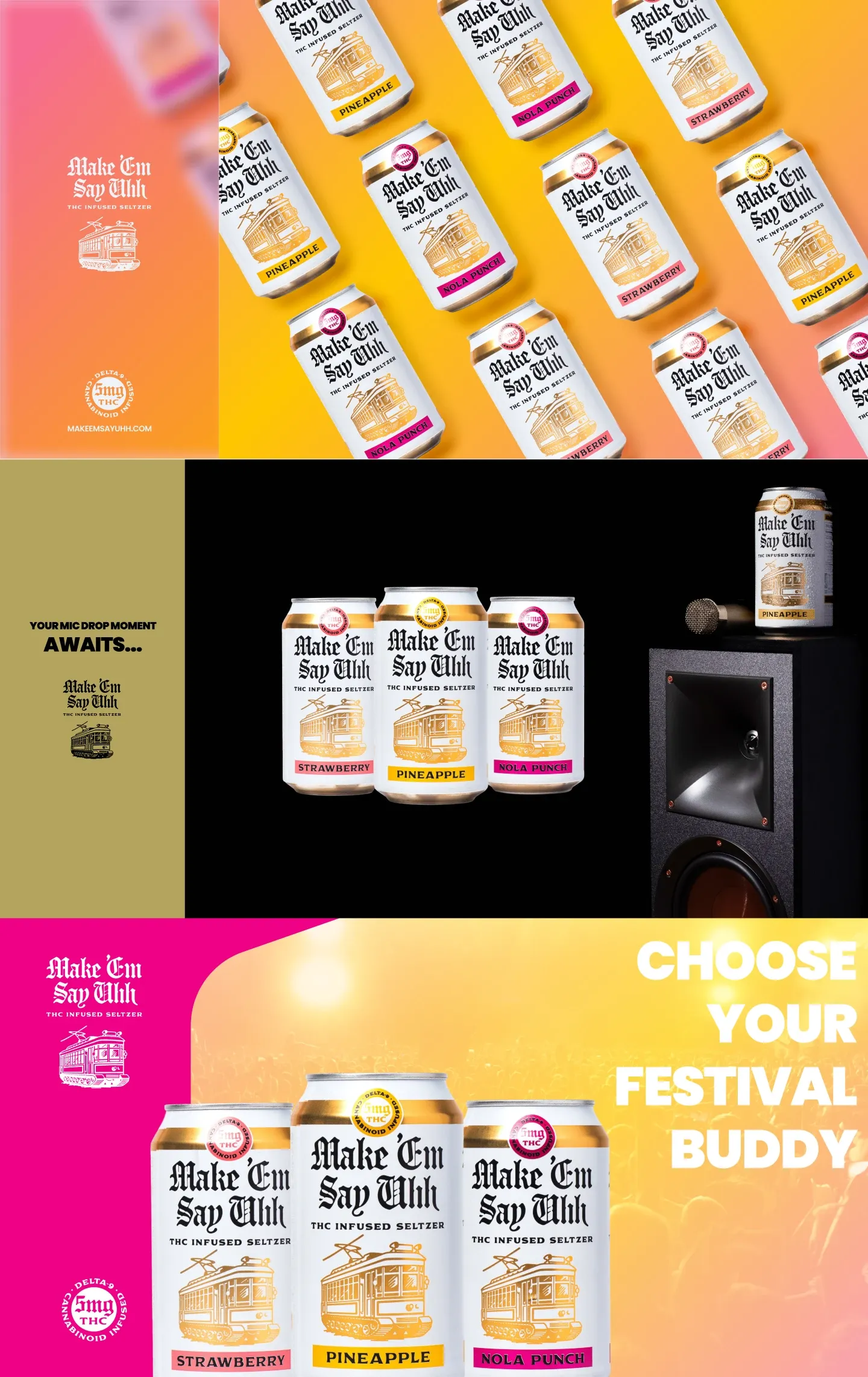The three creative directions presented to the client: the floating-can gradient pattern, the dark speaker-cabinet product shot, and the festival-crowd concept.