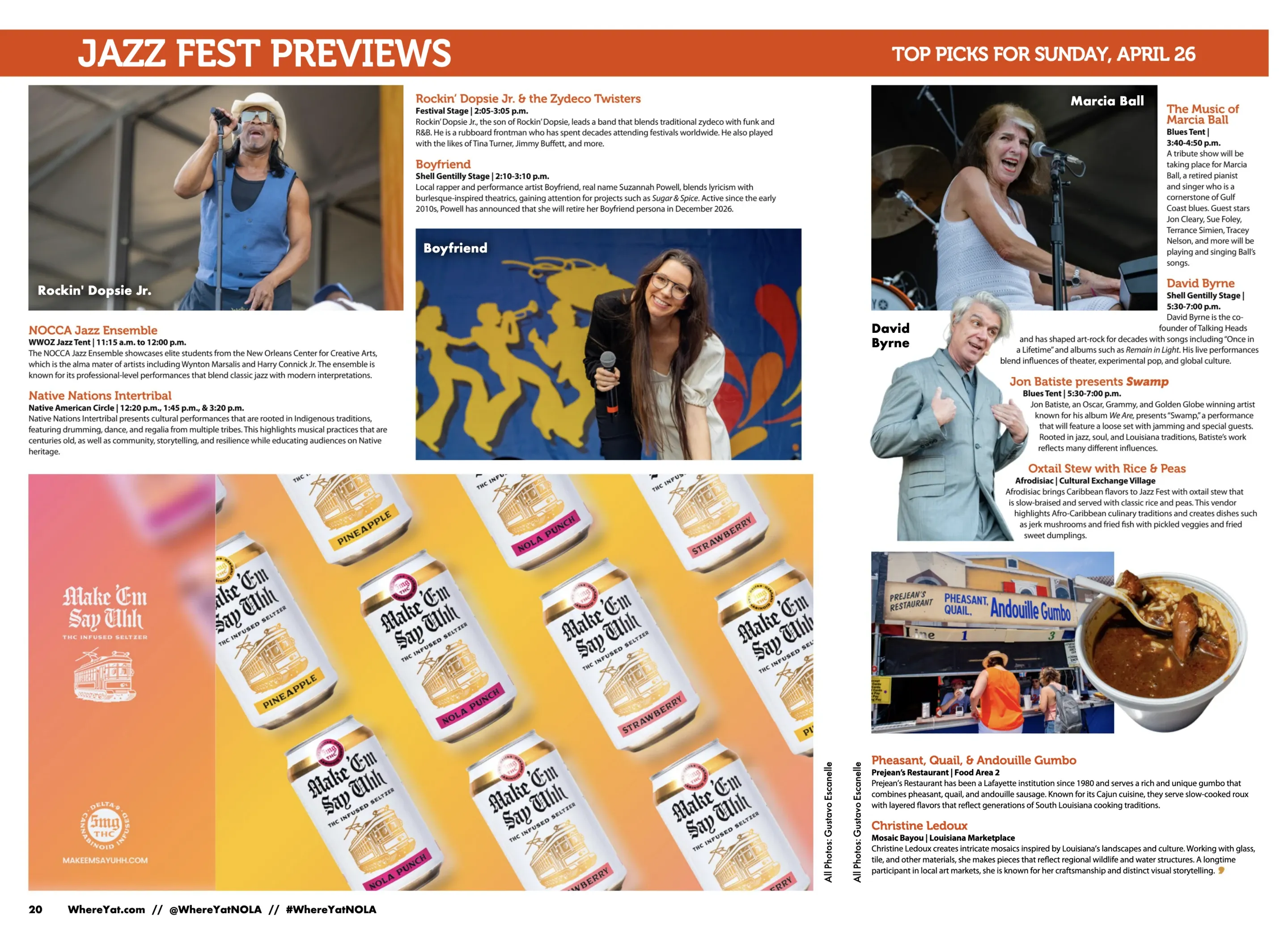 The Make 'Em Say Uhh half-page ad running in the Jazz Fest preview edition of Where Y'at magazine, sharing a spread with festival artist previews and photos.